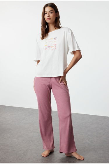 White-Pink Printed Single Jersey Knitted Pajama Set