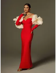 Ifra Off Shoulder Flower Bandage Maxi Dress In Red - 3