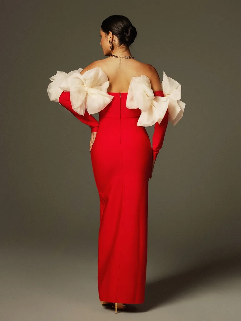 Ifra Off Shoulder Flower Bandage Maxi Dress In Red - 5