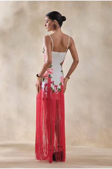 Bejewelled | Cream and Pink Floral Cowl-Neck Maxi Dress With Fringe Hem