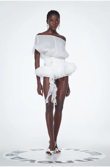 Baatar Backless Ruffle Flower Mini Dress In White