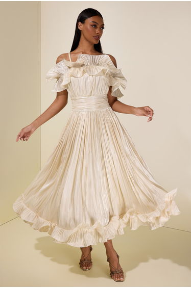 Ruffle Gathering Off Shoulder Midi Dress