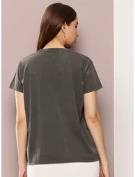 Women Acid Washed Boxy Printed T-Shirt - 3