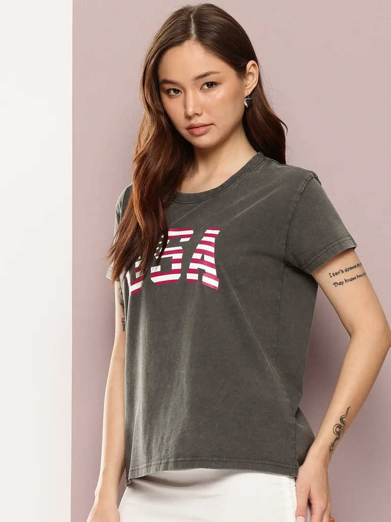 Women Acid Washed Boxy Printed T-Shirt