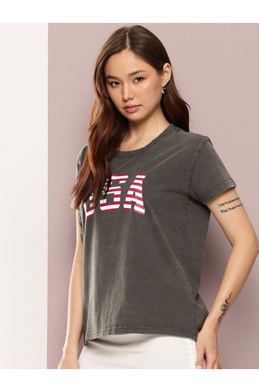 Women Acid Washed Boxy Printed T-Shirt