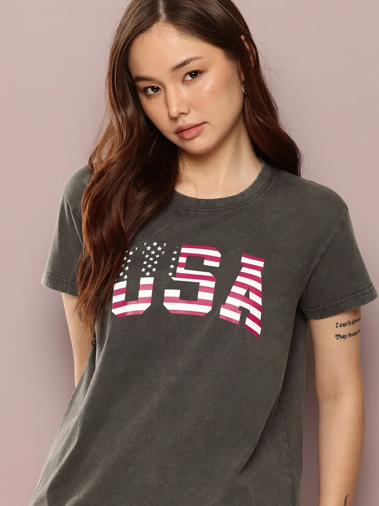 Women Acid Washed Boxy Printed T-Shirt - 1