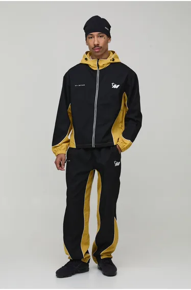 Relaxed Soft Shell Contrast Panelled Zip Through Hooded Tracksuit - black