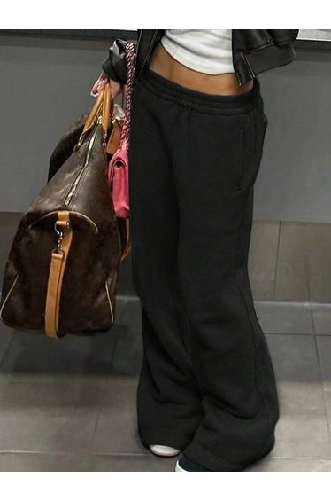Solid Pocket Detail Elastic Waist Wide Leg Pants