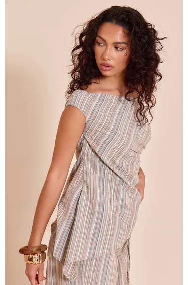 Multi Textured Stripe One Shoulder Asymmetric Long Top