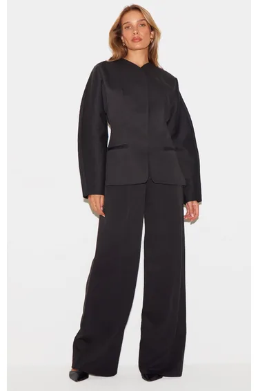 Black Premium Woven Tailored Collarless Blazer