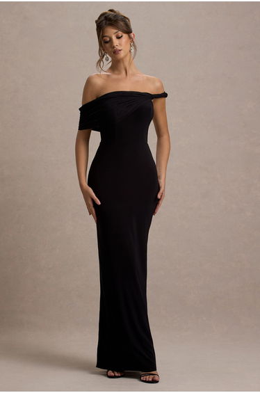 Alonza | Black Twisted Bardot Dress