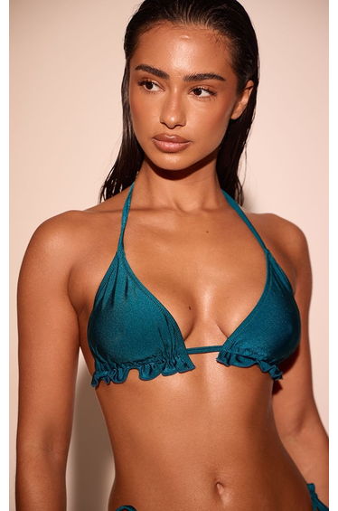 Teal Frill Edge Triangle Bikini Top
