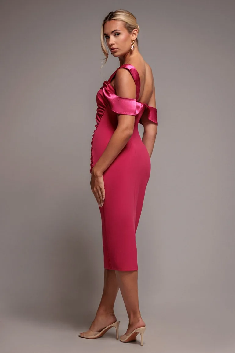 Goddiva One Shoulder Satin Band Bodycon Midaxi Dress - Magenta - 1