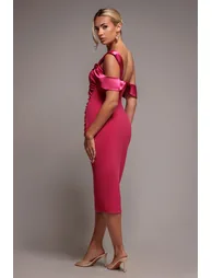 Goddiva One Shoulder Satin Band Bodycon Midaxi Dress - Magenta - 1