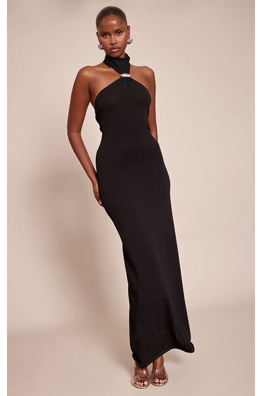 Black Trim Halter Neck Knitted Maxi Dress
