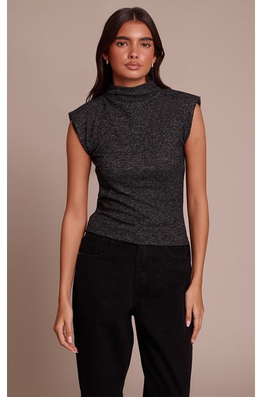 Charcoal Soft Knit Shoulder Detail High Neck Long Top