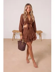 Brown Woven Tie-Up Beach Crop Blouse