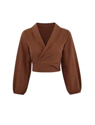 Brown Woven Tie-Up Beach Crop Blouse - 1