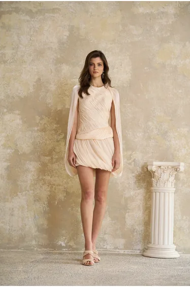 Othilie Neutral Cape Design Creased Mini Dress