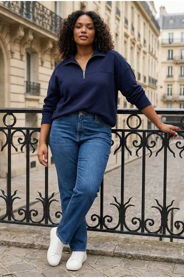 Navy blue shirt collar textured plus size sweatshirt