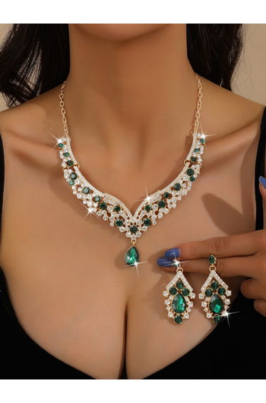 2-Piece Embellished Rhinestone Pendant Necklace and Earrings Jewelry Set