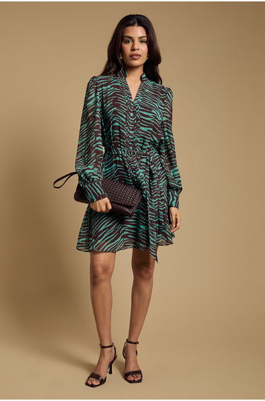 Petite Printed Chiffon Button Up Belted Waist Mini Dress