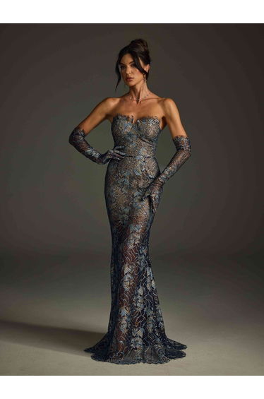 Javion Strapless Lace Floral Maxi Dress In Navy