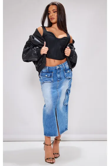 Petite Mid Blue Wash Denim Cargo Midaxi Skirt