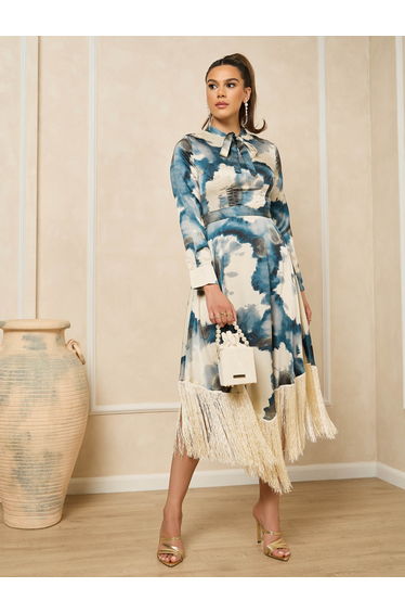 Print Long Sleeves Shirt Midi Dress with Fringe Hem