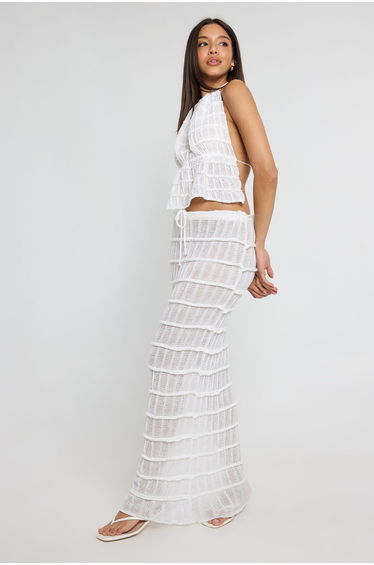 Sheer Knit Tie Waist Maxi Skirt - cream