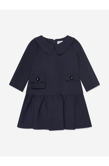 Girls Baby Collar Pearl Pocket Dress in Navy