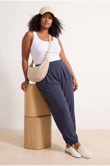 Anthracite Plain Carrot Drawstring Regular Waist Pique Knitted Plus Size Trousers