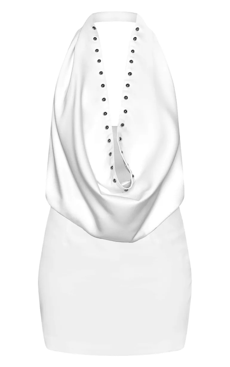 White Woven Cowl Neck Eyelet Detail Mini Dress - 4