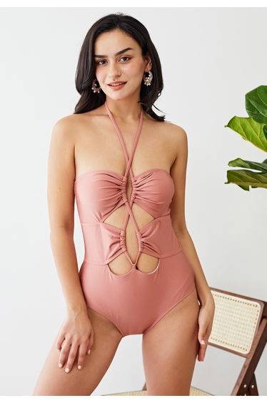Cutout Crisscross Halter Neck Swimsuit in Pink