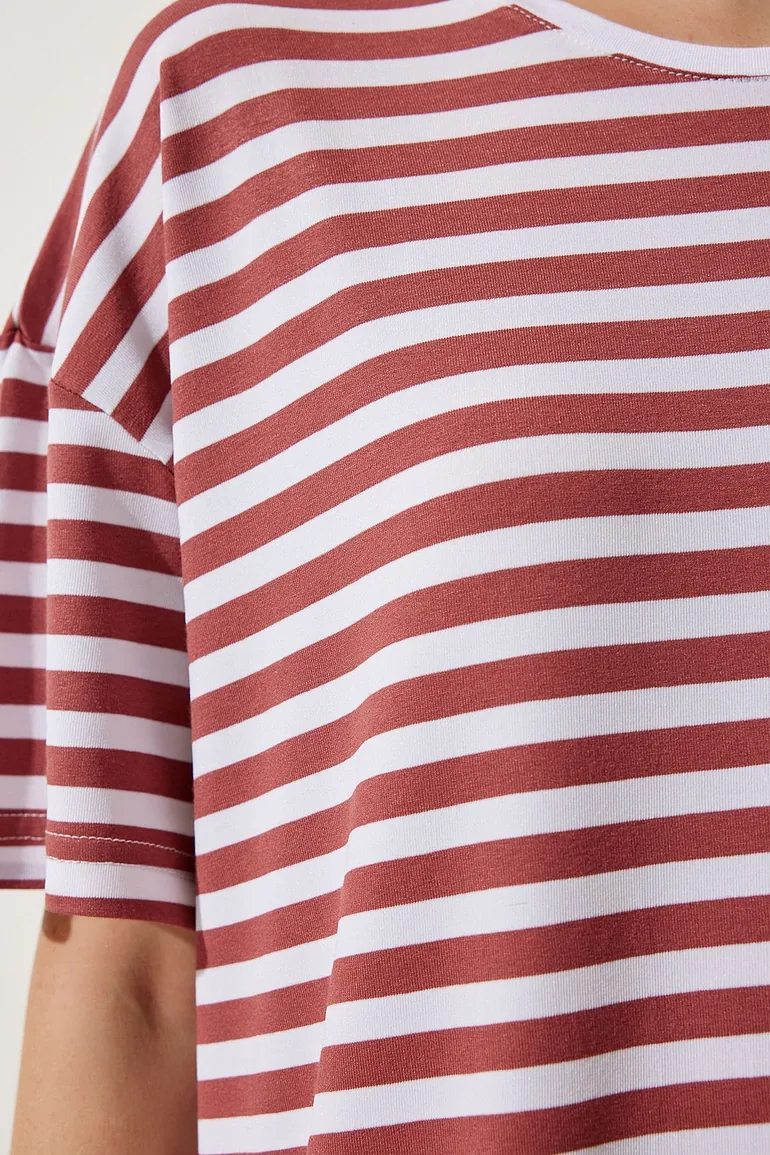 Women's Pale Pink Crew Neck Striped Oversize Knitted T-Shirt - 5