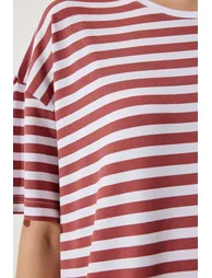 Women's Pale Pink Crew Neck Striped Oversize Knitted T-Shirt - 5
