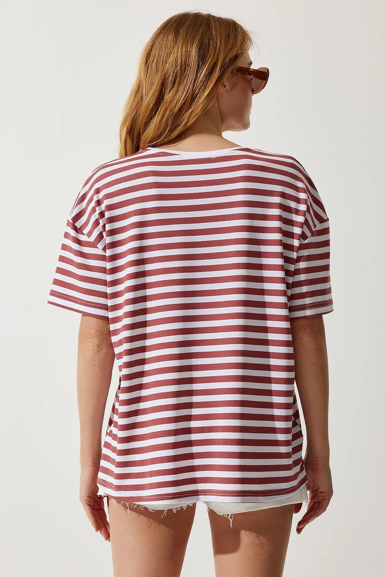 Women's Pale Pink Crew Neck Striped Oversize Knitted T-Shirt - 4