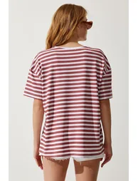 Women's Pale Pink Crew Neck Striped Oversize Knitted T-Shirt - 4