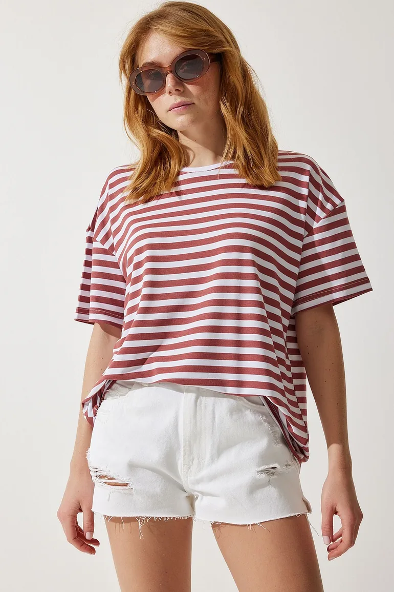 Women's Pale Pink Crew Neck Striped Oversize Knitted T-Shirt - 2