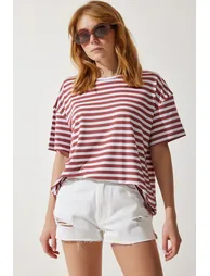 Women's Pale Pink Crew Neck Striped Oversize Knitted T-Shirt - 2