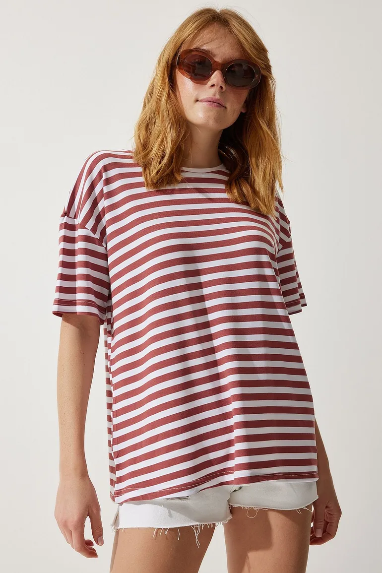 Women's Pale Pink Crew Neck Striped Oversize Knitted T-Shirt - 3
