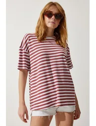 Women's Pale Pink Crew Neck Striped Oversize Knitted T-Shirt - 3