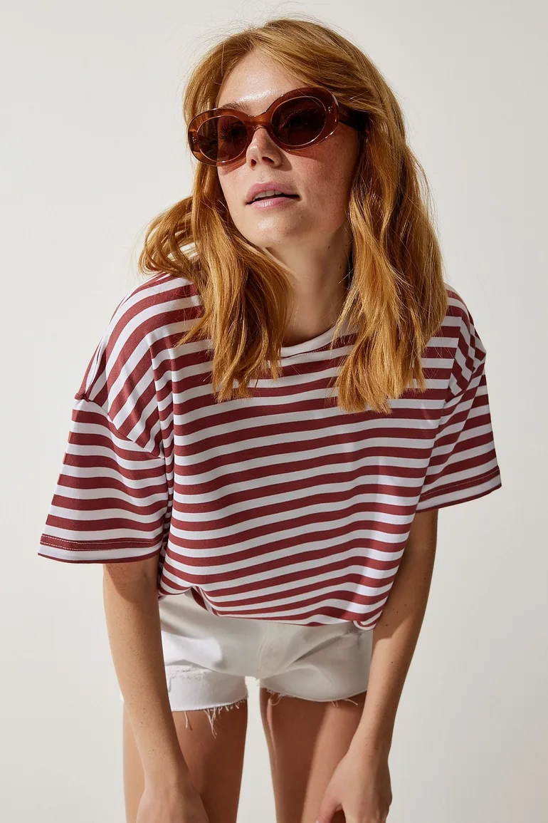 Women's Pale Pink Crew Neck Striped Oversize Knitted T-Shirt - 1