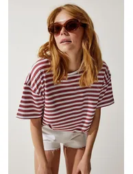 Women's Pale Pink Crew Neck Striped Oversize Knitted T-Shirt - 1