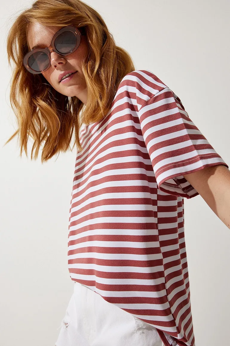 Women's Pale Pink Crew Neck Striped Oversize Knitted T-Shirt
