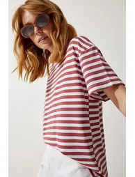 Women's Pale Pink Crew Neck Striped Oversize Knitted T-Shirt