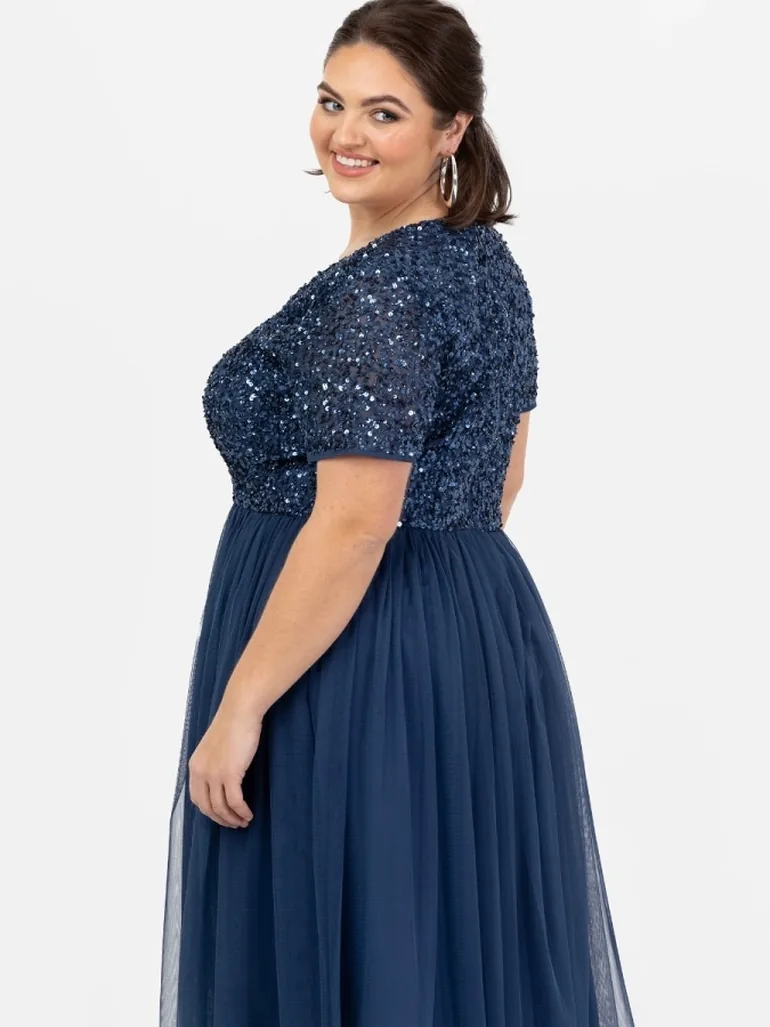 Shop Maya French Navy V Neckline Embellished Midi Dress Online in Oman