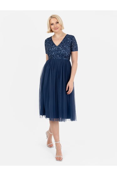 Maya French Navy V Neckline Embellished Midi Dress
