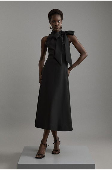 Compact Stretch Tie Neck Full Skirted Midaxi Dress