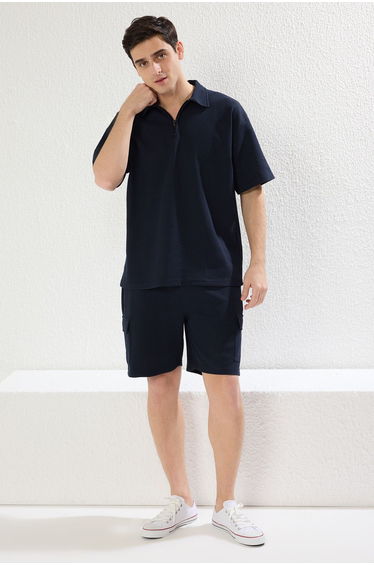 Navy Blue Regular/Normal Cut Zippered Polo Collar-Cargo Pocket Tracksuit